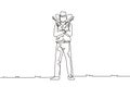 Single one line drawing wild west gunslinger holding two guns. American cowboys holding his two weapons above his chest. Weapons Royalty Free Stock Photo