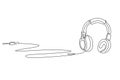 Single one line drawing woman listening to music. Headphones musical sound wave. Music gadget and note. Audio headphone outline