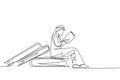 Single one line drawing young Arab student male reading, learning and sitting on big books. Study in library. Literature fans or Royalty Free Stock Photo