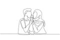 Single one line drawing young Arabian couple sharing ice cream cone. Celebrate anniversaries and enjoy romantic lunch at