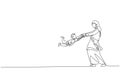 Single one line drawing young Arabian mom holding her boy and swinging to play together vector illustration. Happy Islamic muslim Royalty Free Stock Photo