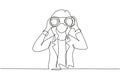 Single one line drawing young business woman looking through binoculars searching for job. Find all opportunities in the world of