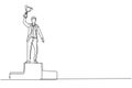 Single one line drawing young businessman wearing suit with tie lifting golden trophy with one hand on podium. Celebrating