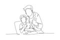 Single one line drawing of young dentist man calming down his little boy patient and giving thumbs up gesture. Teeth health care