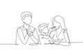 Single one line drawing young family having fun together in modern restaurant. Boy feeds his mother with love. Happy little family Royalty Free Stock Photo