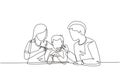 Single one line drawing young family having fun together in restaurant. Parents feeds they boy with love. Happy little family