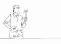 Single one line drawing of young handyman holding hammer ready to work. Professional job profession and occupation minimal concept