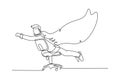 Single one line drawing young happy business man spreading a wing and pretend as super hero who flying using an office chair.