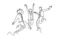 Single one line drawing young happy business man and business woman jumping to celebrate their successive business. Business deal