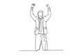 Single one line drawing young happy CEO standing and fist his hands to the air to celebrate new funding from investor. Business