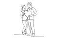 Single one line drawing young happy couple man and woman holding heart shape pillow, smiling each other. Romantic marriage love Royalty Free Stock Photo