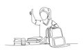 Single one line drawing young happy elementary school girl student packing stack of books up to put into the bag. Kids education Royalty Free Stock Photo