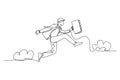 Single one line drawing of young happy and energetic business man carrying a briefcase jumping over the cloud. Business agility