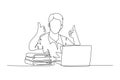 Single one line drawing young happy male college student study in the campus library beside stack of books and laptop. Education Royalty Free Stock Photo