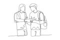 Single one line drawing young happy male and female couple student talking mathematics lesson on tablet at school. Romantic lover