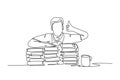 Single one line drawing young happy male student giving thumbs up gesture on pile of books and give thumbs up gesture. Education