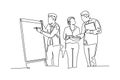 Single one line drawing young happy startup members discussing company growth and writing at flip chart. Business presentation Royalty Free Stock Photo