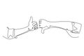 Single one line drawing of young male arm hands with thumbs up and thumbs down sign gesture. Good and bad symbol icon template