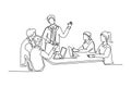 Single one line drawing of young male and female sales managers meeting to discuss company goal target at the office. Sales