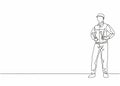 Single one line drawing of young male mechanic pose standing on workshop garage. Professional work profession and occupation