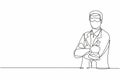 Single one line drawing young male scientist crossed arm on chest and holding flask. Professional work profession occupation