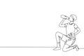 Single one line drawing young man drinking water in bottle while squatting after running. Morning exercise causes thirst and