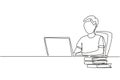 Single one line drawing young man studying with laptop and pile of books. Back to school, intelligent student, online education Royalty Free Stock Photo