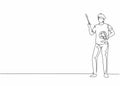 Single one line drawing of young painter man pose standing and holding paintbrush. Professional work profession and occupation