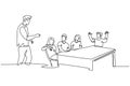 Single one line drawing young startup CEO lead the company gathering and meeting with his team member at the office. Business