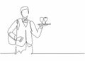 Single one line drawing of young waiter man holding metal tray with glass to serve. Professional work profession and occupation