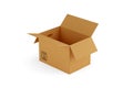 Single open, empty brown cardboard moving storage box over white background, moving day concept