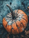 A single orange and black pumpkin sitting on the ground, ready for fall or Halloween decoration Royalty Free Stock Photo
