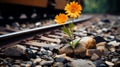 a single orange flower is growing out of a rock in front of a train track