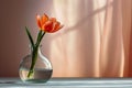 Single orange flower sits in clear glass vase filled with water placed on table near window. Generative AI Royalty Free Stock Photo