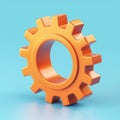 Single orange gear with a reflective surface in a high-quality 3d illustration against a smooth blue gradient background