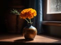 Vintage Charm: A Softly Illuminated Still Life of a Marigold Flower in a Classic Vase