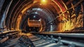 A single ore car travels on rails deep inside a dark mine, illuminated by overhead lights Royalty Free Stock Photo