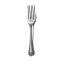 Single ornate silver fork with intricate handle design isolated on a white background. Royalty Free Stock Photo