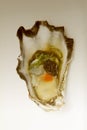 A single oyster live with garnish with an oyster shuck in the foreground with salmon roe