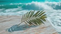 A single palm leaf placed on a smooth marble table with ocean waves in the background. background Royalty Free Stock Photo