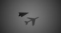 Single paper plane flying with big shadow on gradient grey background, self-path, self-fight, self-dreams concept