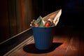 a single paper plane lying at the bottom of an empty trash basket Royalty Free Stock Photo