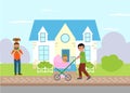 Single parent and fatherhood. Father walking with baby girl in pram and dad piggyback riding a daughter with cottage Royalty Free Stock Photo