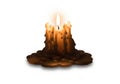 A single, partially melted candle with wax drippings down its sides rests on a flat surface. It Royalty Free Stock Photo