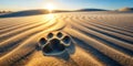 Single paw print in sand dune at sunset. Generative AI Royalty Free Stock Photo