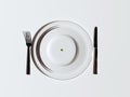 Single pea in white plate with fork and knife. Hunger concept background Royalty Free Stock Photo