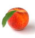 Single peach with leaves on a white background Royalty Free Stock Photo