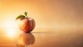 A single peach reflecting in a golden surface at sunset a study in still life photography. Generative AI Royalty Free Stock Photo