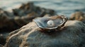 A single pearl sitting in an open oyster shell, placed on a smooth Royalty Free Stock Photo