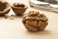 Single peeled walnut close up, shells and nutcracker on the background Royalty Free Stock Photo